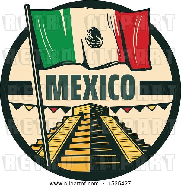 Vector Clip Art of Retro Styled Cinco De Mayo Design with El Castillo Pyramid and a Mexican Flag