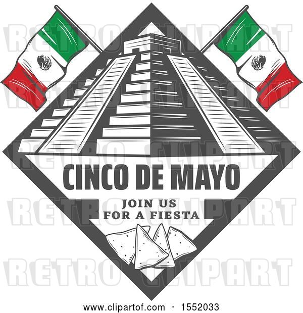 Vector Clip Art of Retro Styled Cinco De Mayo Design with El Castillo Pyramid and Tortilla Chips