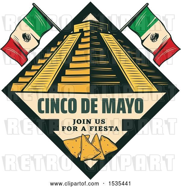 Vector Clip Art of Retro Styled Cinco De Mayo Design with El Castillo Pyramid, Flags and Tortilla Chips
