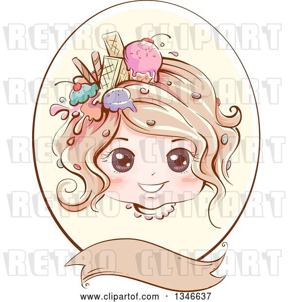 Vector Clip Art of Retro Styled Dirty Blond White Girl with Ice Cream and Sweets in Her Hair, Inside an Oval Frame with a Blank Banner