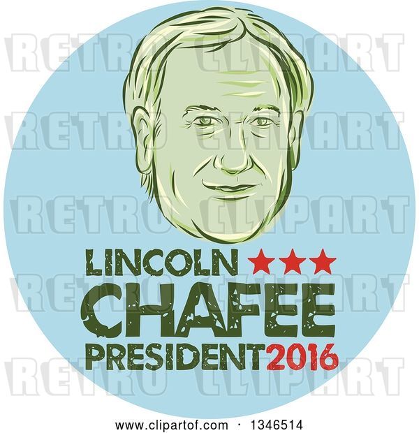 Vector Clip Art of Retro Styled Face of Lincoln Chaffee, 2016 Presidential Candidate, with Text in a Blue Circle