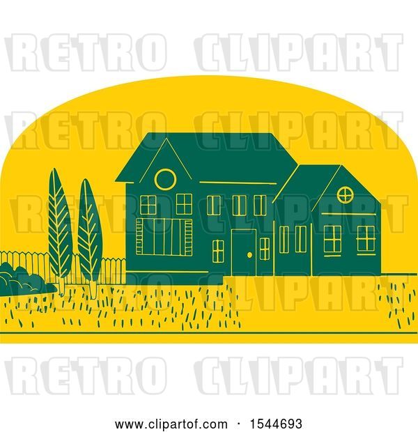 Vector Clip Art of Retro Styled House and Yard in a Yellow Half Circle