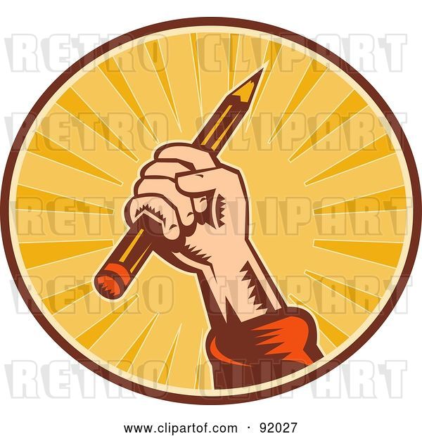 Vector Clip Art of Retro Styled Logo of a Hand Holding up a Pencil in a Sunny Circle