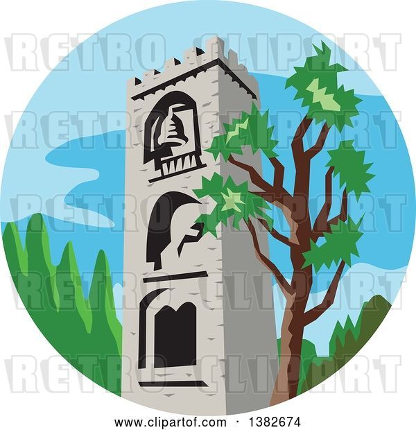 Vector Clip Art of Retro Styled Medieval Bell Tower and Tree in a Circle