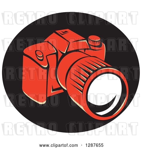 Vector Clip Art of Retro Styled Red DSLR Camera in a Black Oval