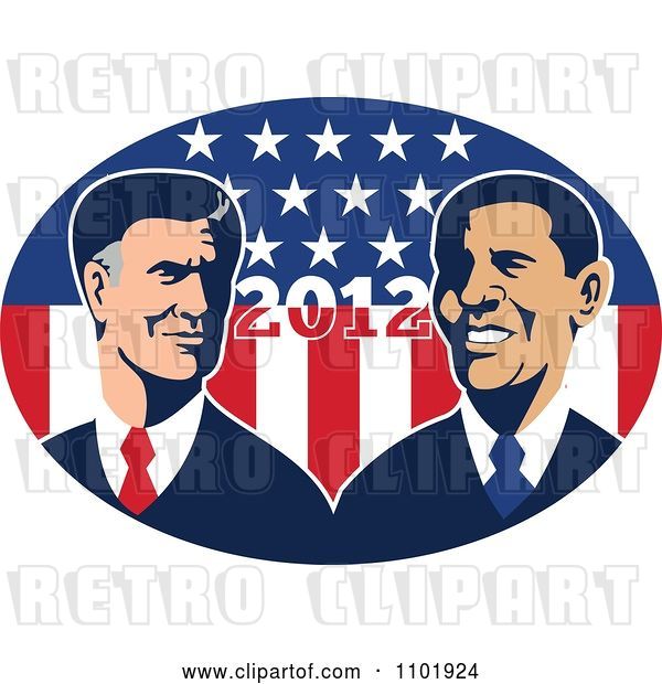 Vector Clip Art of Retro Styled Republican Politician Mitt Romney and President Barack Obama over 2012 and Stars and Stripes
