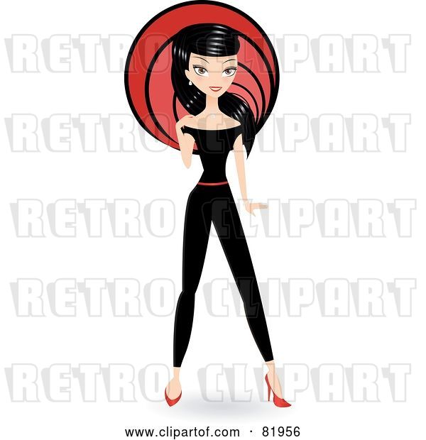 Vector Clip Art of Retro Stylish Black Haired Lady in a Black Jumpsuit, in Front of a Red Circle