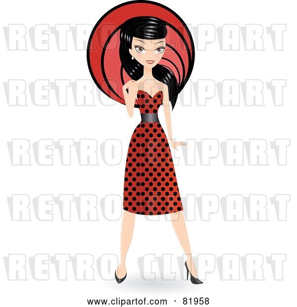 Vector Clip Art of Retro Stylish Black Haired Lady in a Polka Dot Dress, in Front of a Red Circle