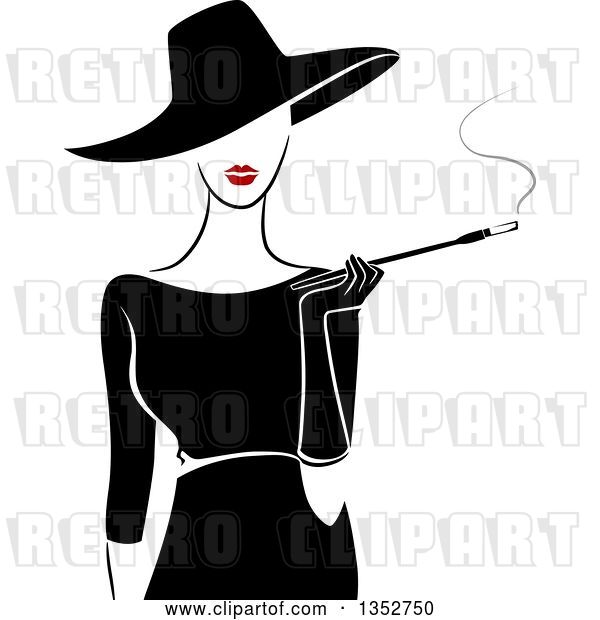 Vector Clip Art of Retro Stylish Lady Wearing a Hat and Black Dress, Smoking a Cigarette with a Long Filter