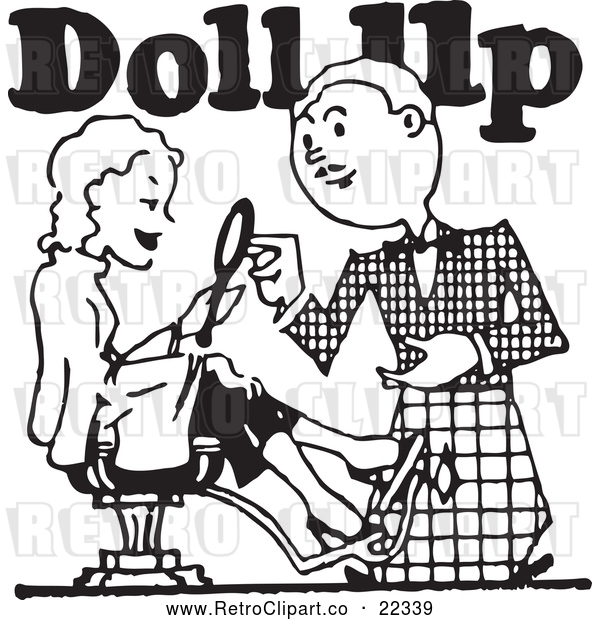 Vector Clip Art of Retro Stylist with a Client and Doll up Text