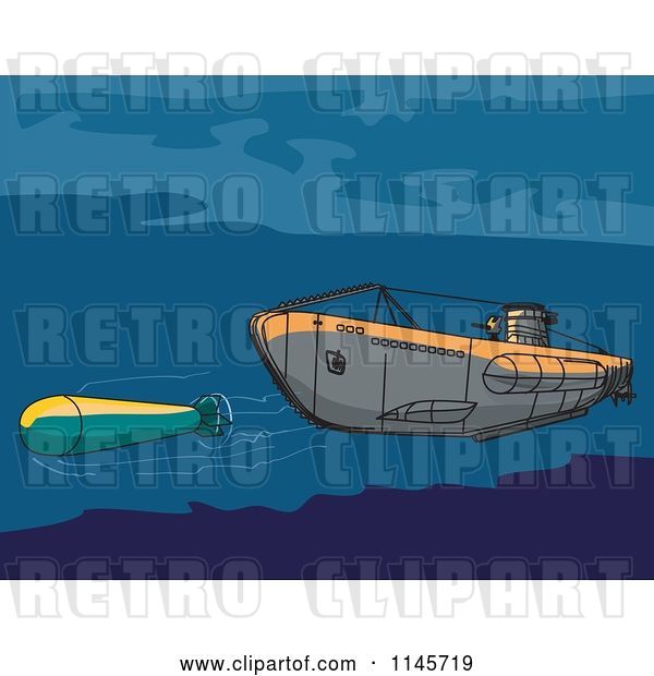 Vector Clip Art of Retro Submarine Launching an Underwater Missile