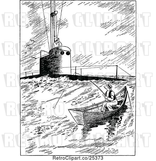Vector Clip Art of Retro Submarine Rising by a Guy Fishing