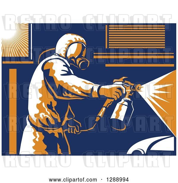 Vector Clip Art of Retro Suited up Worker Spray Painting a Car, with a White Border
