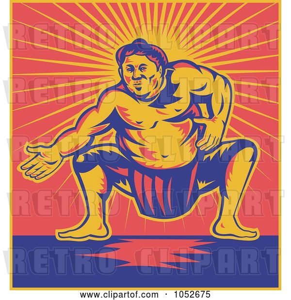 Vector Clip Art of Retro Sumo Wrestler Against Red and Yellow Rays