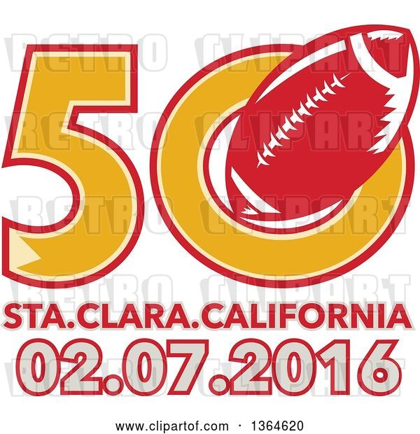 Vector Clip Art of Retro Super Bowl 50 Sports Design with a Red Football over Santa Clara California Text