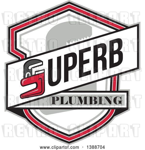 Vector Clip Art of Retro Superb Plumbing Banner with a Monkey Wrench over a Shield