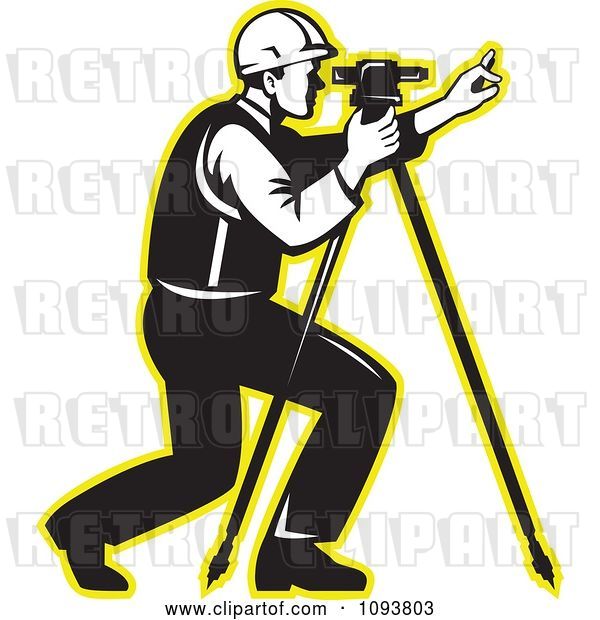 Vector Clip Art of Retro Surveyor Using a Theodolite with a Yellow Outline