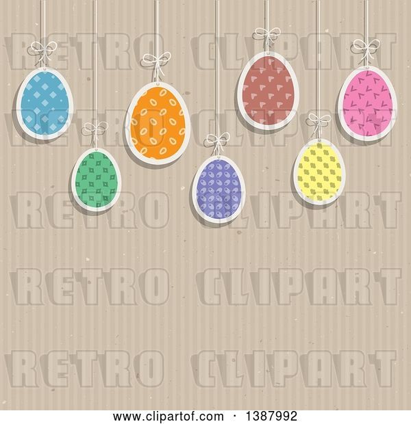 Vector Clip Art of Retro Suspended Patterned Easter Eggs over a Cardboard Texture, with Text Space