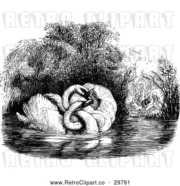 Vector Clip Art of Retro Swan Couple and People by a Pond