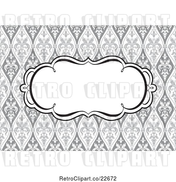 Vector Clip Art of Retro Swirl Invite Frame over a Grayscale Floral Pattern