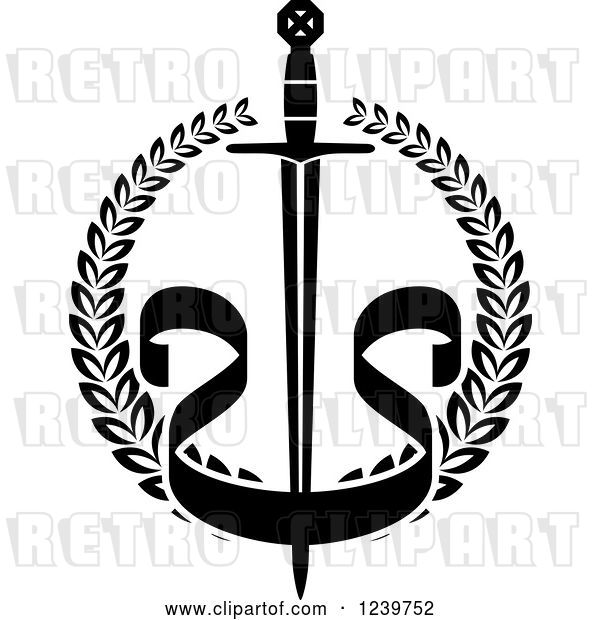 Vector Clip Art of Retro Sword and Banner in a Laurel Wreath