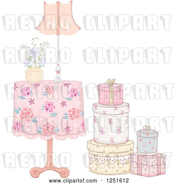 Vector Clip Art of Retro Table with a Stack of Gift Boxes