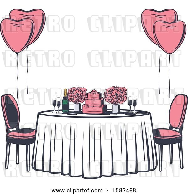 Vector Clip Art of Retro Table with Flowers, Balloons and a Wedding Cake