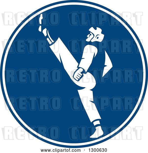Vector Clip Art of Retro Taekwondo Fighter Kicking in a Blue and White Circle