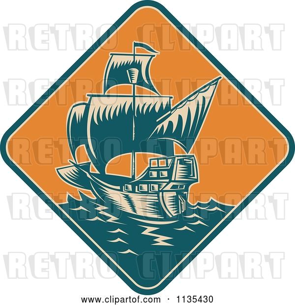 Vector Clip Art of Retro Tall Galleon Ship at Sea in an Orange Diamond