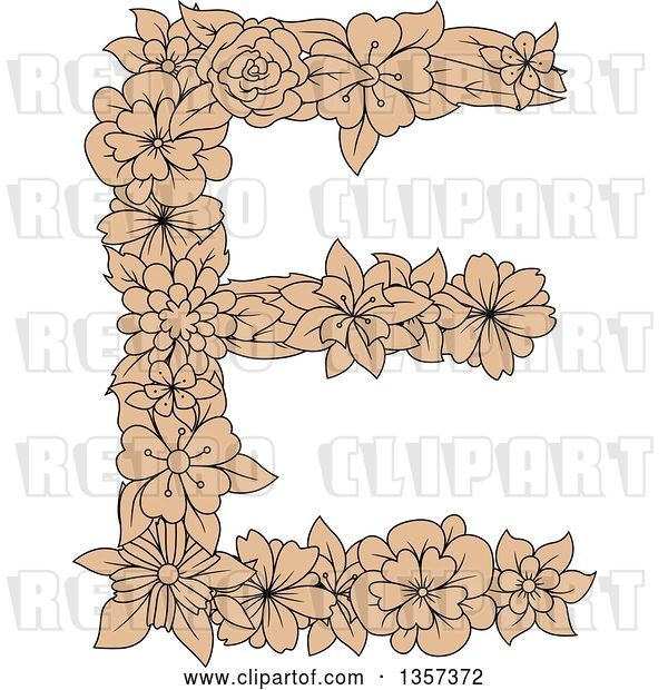 Vector Clip Art of Retro Tan Floral Capital Letter E Design