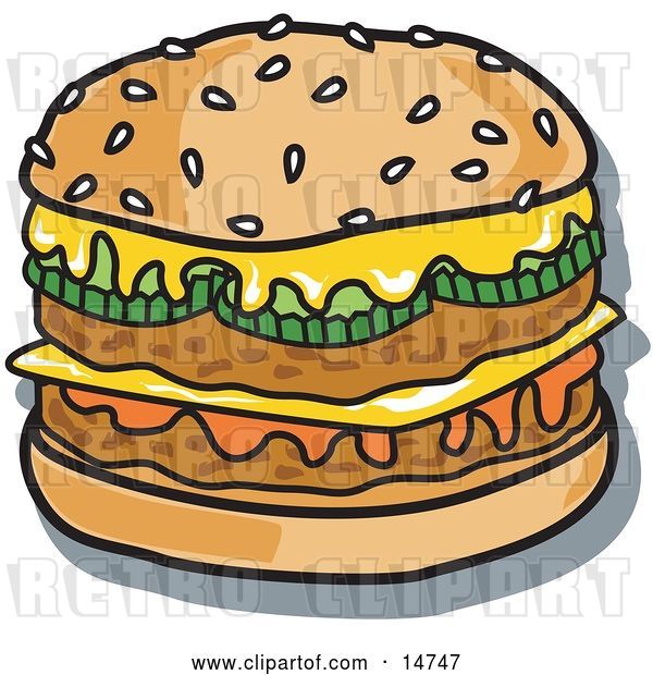 Vector Clip Art of Retro Tasty Double Cheeseburger with Two Meat Patties, Pickles, Ketchup and Melted Cheese on a Sesame Seed Bun