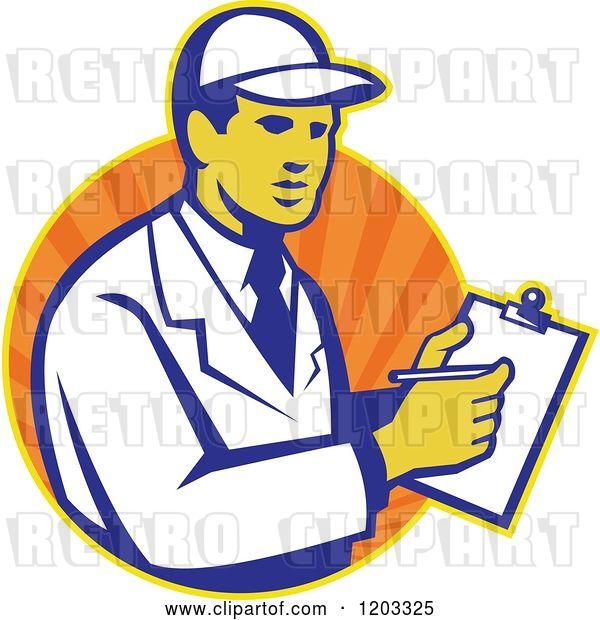 Vector Clip Art of Retro Technician Writing on a Clipboard over an Orange Circle of Rays| Royalty Free Vector Illustration
