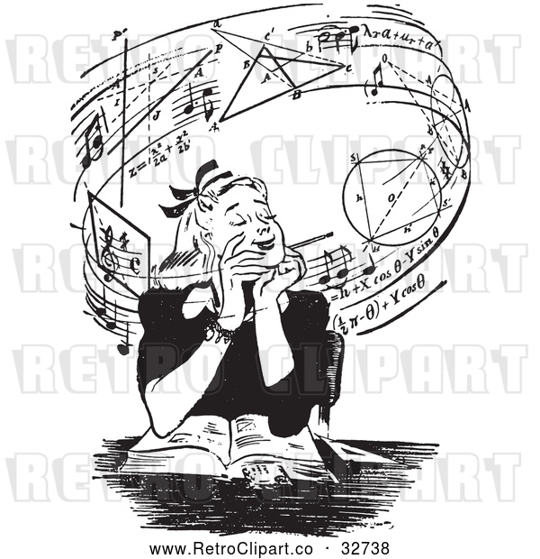 Vector Clip Art of Retro Teen Girl Daydreaming of Music and Mathmatics over a Book in Black and White