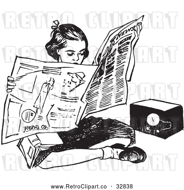 Vector Clip Art of Retro Teen Girl Reading a Newspaper on the Floor