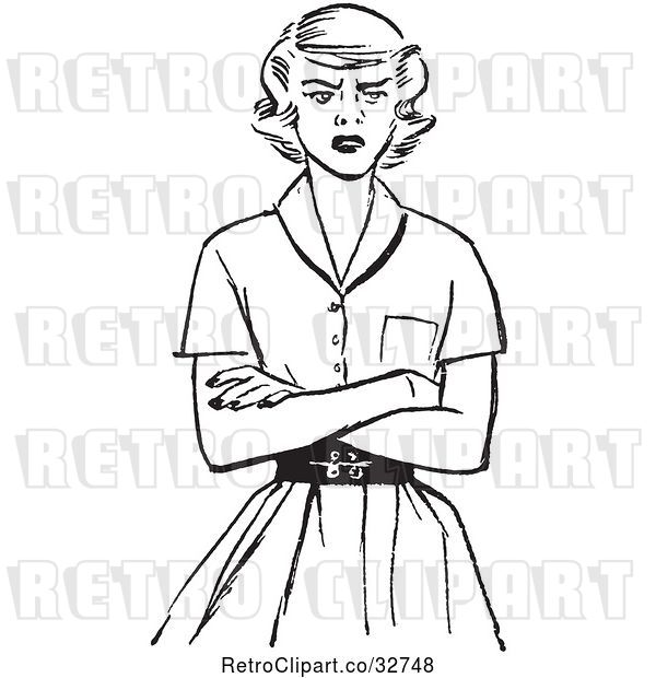 Vector Clip Art of Retro Teen Girl with Folded Arms and an Angry Expression in