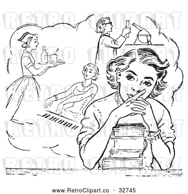 Vector Clip Art of Retro Teen High School Girl Daydreaming of Careers over Books in Black and White