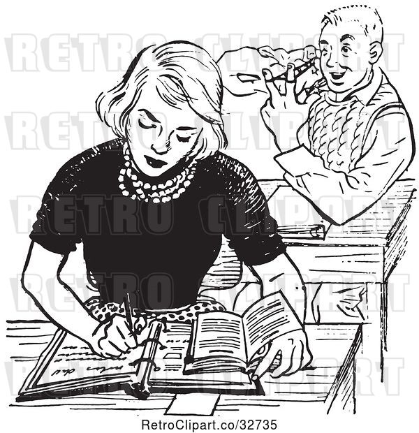 Vector Clip Art of Retro Teenage Boy Aiming at a Female Classmate in