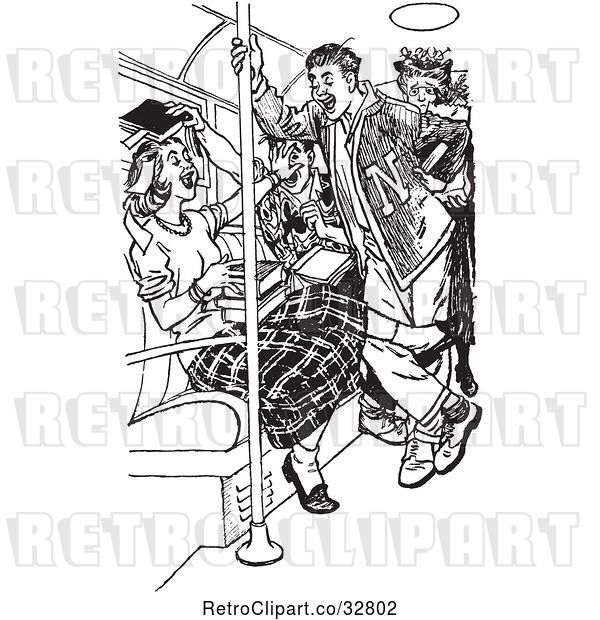 Vector Clip Art of Retro Teenage Boy Flirting with a Girl on a School Bus in