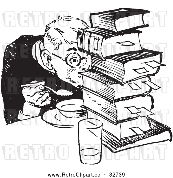 Vector Clip Art of Retro Teenage Boy Hiding Behind Books While Eating in Black and White