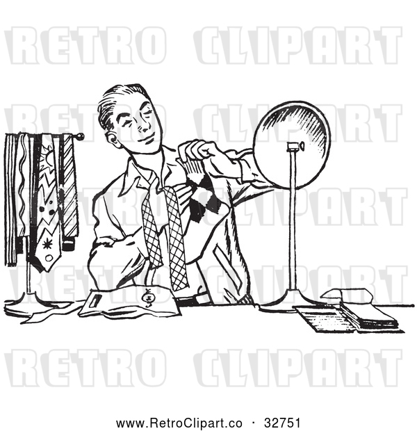 Vector Clip Art of Retro Teenage Boy Matching His Tie with His Socks in Black and White