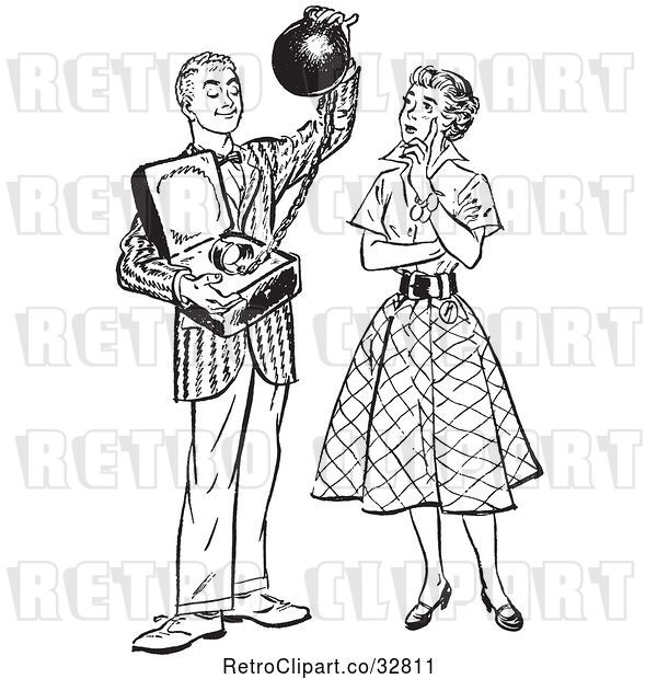 Vector Clip Art of Retro Teenage Boy Offering His Girlfriend Commitment As a Ball and Chain in