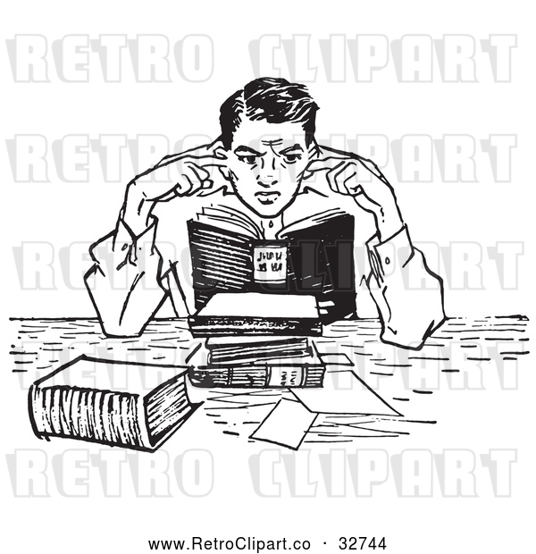 Vector Clip Art of Retro Teenage Boy Plugging His Ears in a Noisy Library in Black and White