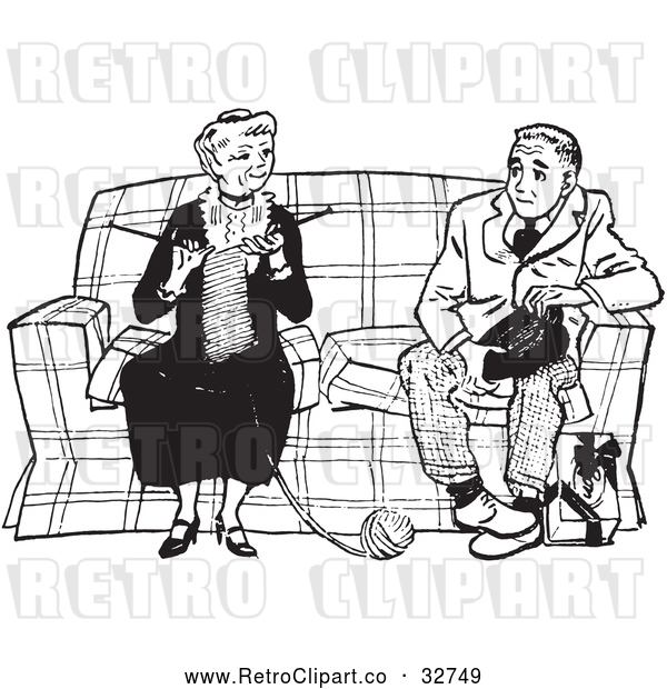 Vector Clip Art of Retro Teenage Boy Talking to a Knitting Lady in Black and White