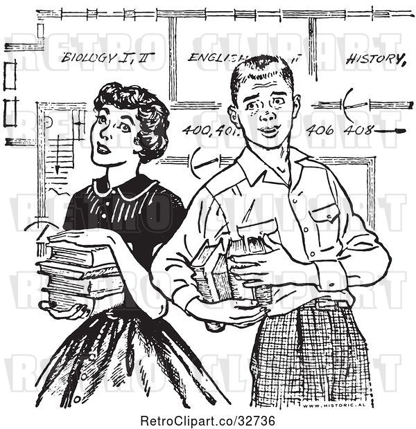 Vector Clip Art of Retro Teenage Couple with Books and School Blueprints in