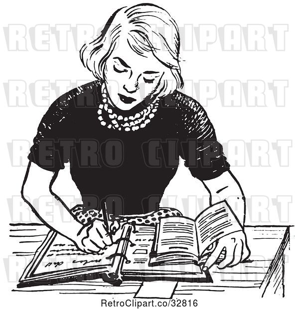 Vector Clip Art of Retro Teenage Girl Doing Homework at a Desk