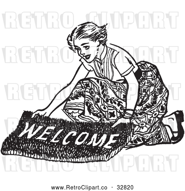Vector Clip Art of Retro Teenage Girl Laying out a Welcome Mat for Boys