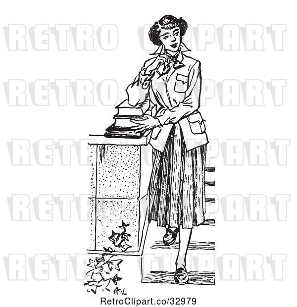Vector Clip Art of Retro Teenage Girl Looking Thoughtful and Standing with Books on Steps