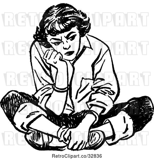 Vector Clip Art of Retro Teenage Girl Pouting and Sitting on the Floor
