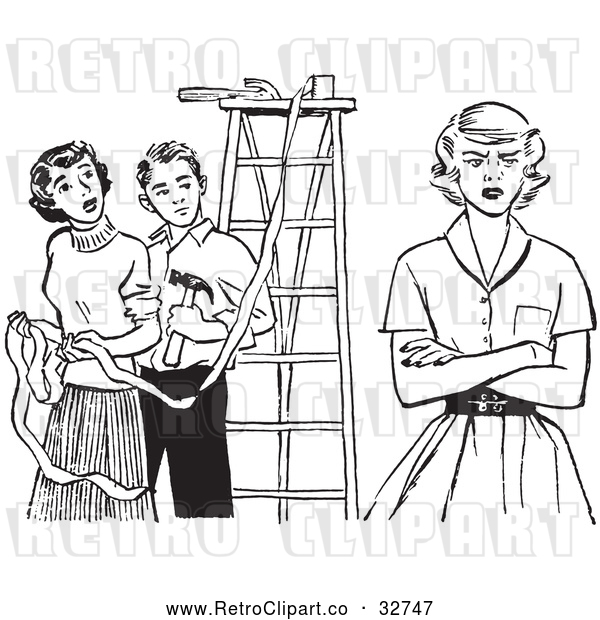 Vector Clip Art of Retro Teenage Girl Pouting While Decorating for Prom in Black and White
