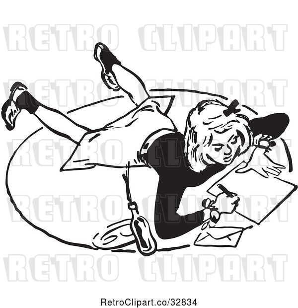 Vector Clip Art of Retro Teenage Girl Writing a Letter on a Floor